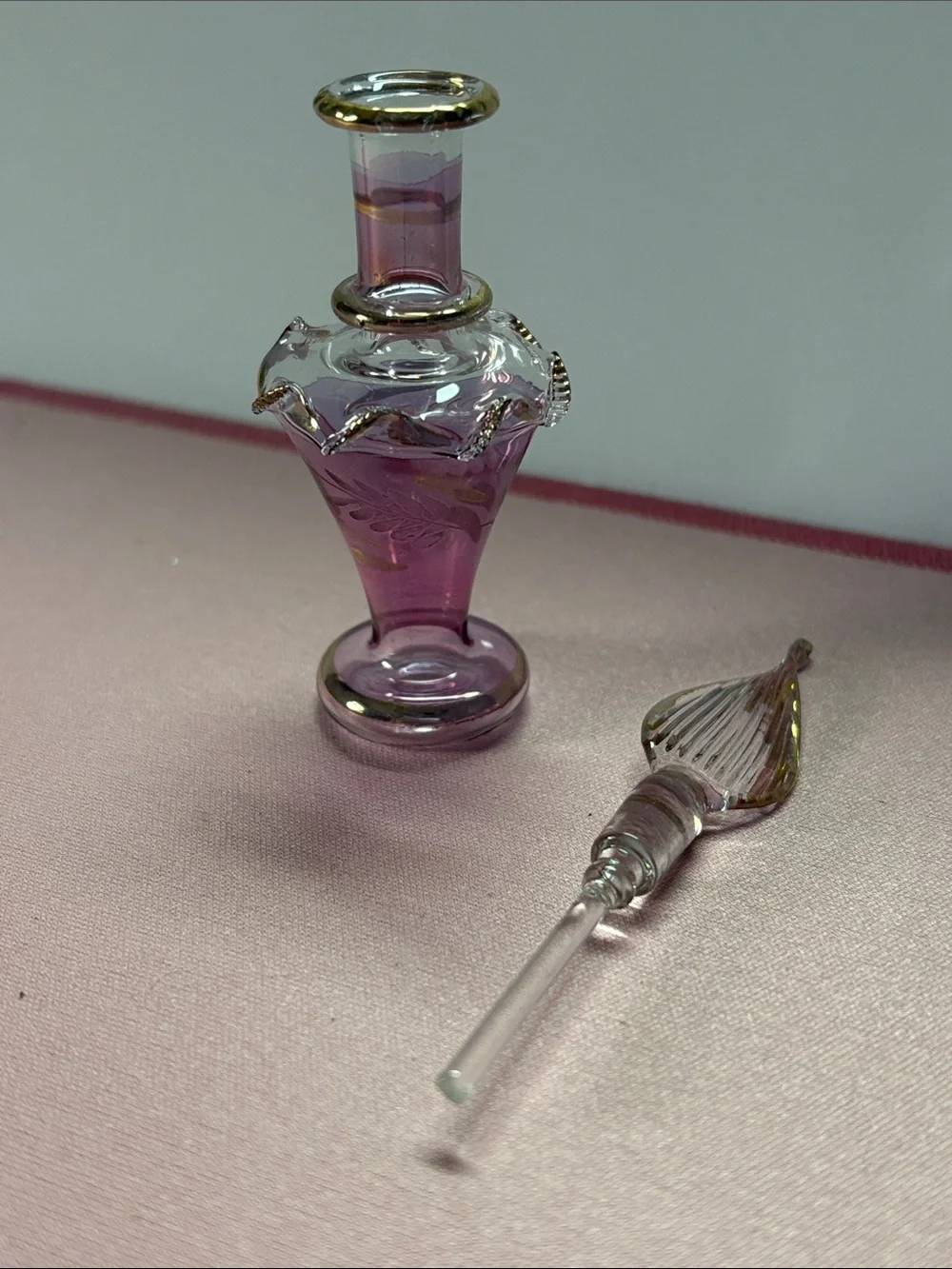 Elegant Egyptian Handblown Lavender Glass Bottle with Gold Trim
